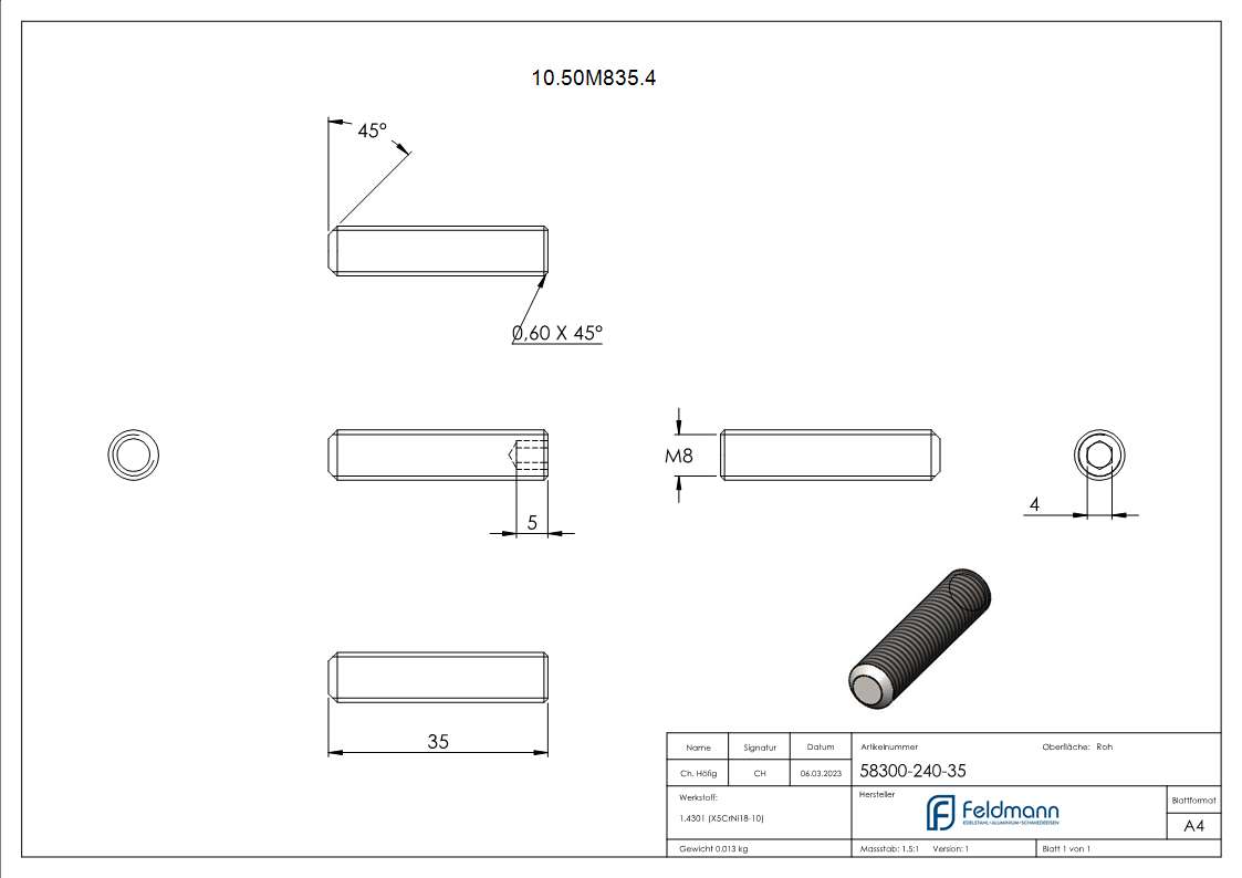 Gewindestift V2A M8x35 DIN 913 Innensechskant Kegelkuppe-10-50M835.4