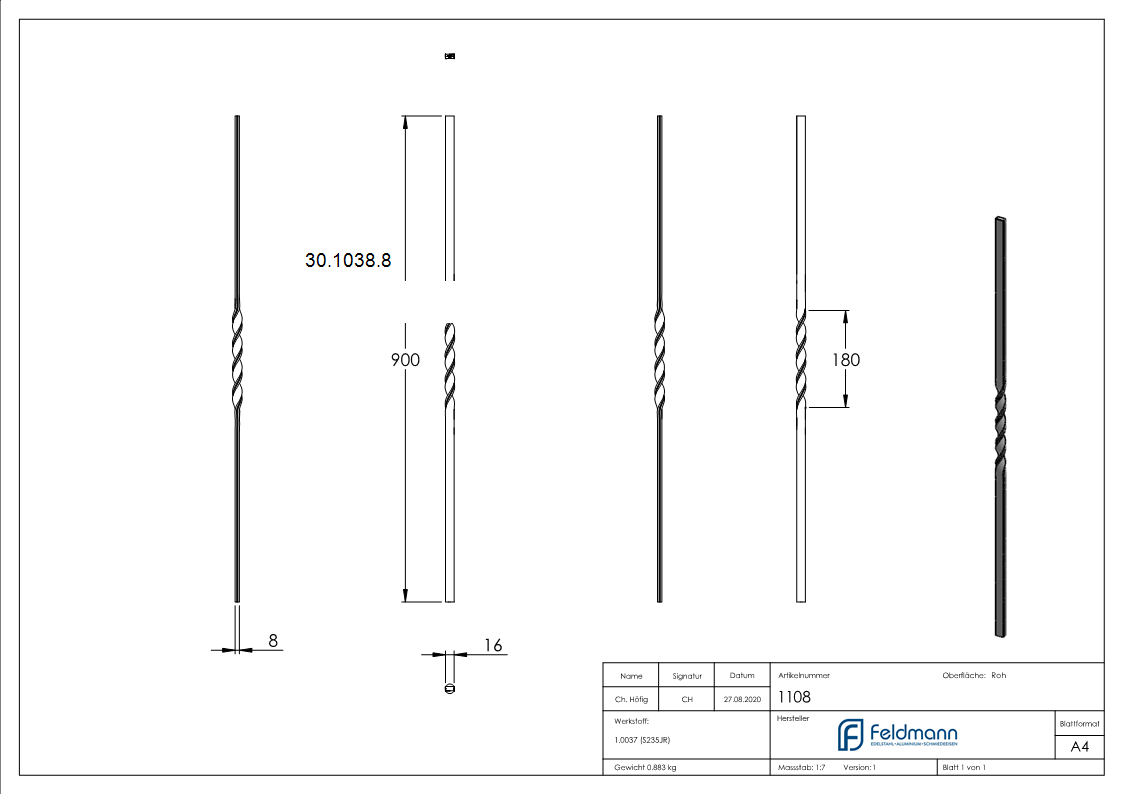 Zwischenstab - Laenge- 900 mm - Material- 16x8 mm -  gerillt - Stahl S235JR- roh-30-1038.8
