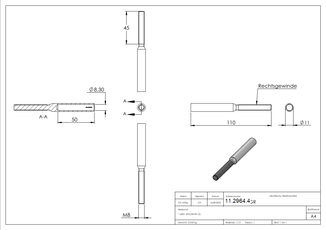 Gewindeterminal mit Aussengewinde - Rechtsgewinde - Fuer Seil von Ø 8 mm -V2A-11-2964.4