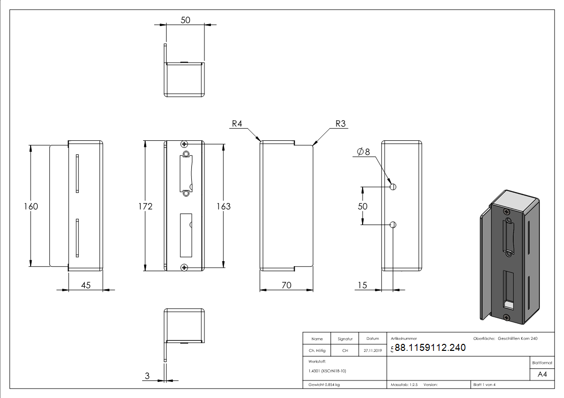 Gegenkasten Edelstahl V2A fuer Abstand 72 mm- 50 mm eckig geschliffen-88-1159112.240