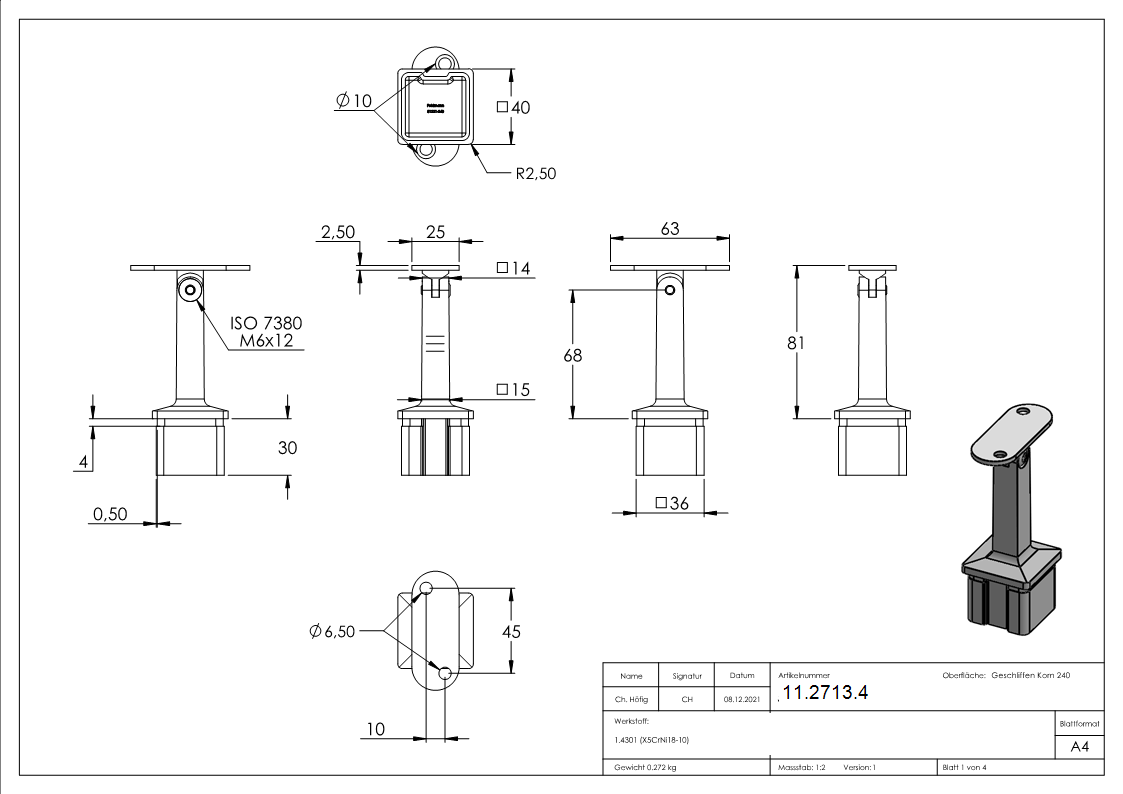 Handlaufhalter mit Gelenk fuer Vierkantrohr 40x40x2 mm V2A-11-2713.4