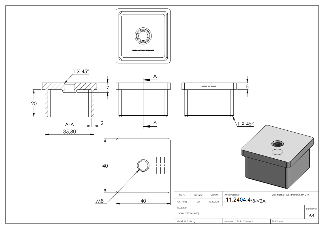 Einsteckkappe Edelstahl V2A 40 x 40 mm mit M8 Gewinde-11-2404.4