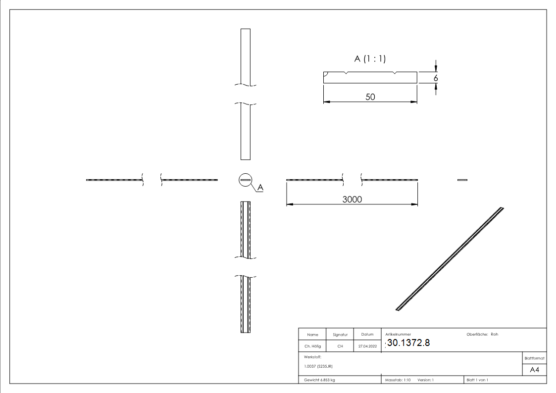 Flacheisen 50x6 mm 2-fach gerillt 3000mm Stahl S235JR roh fuer Gelaender-30-1372.8