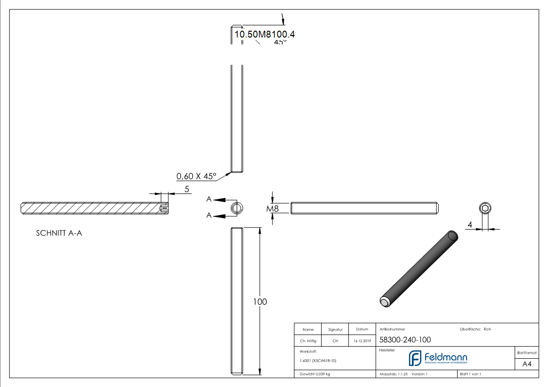 Gewindestift V2A M8x100 Innensechskant Kegelkuppe DIN 913-10-50M8100.4