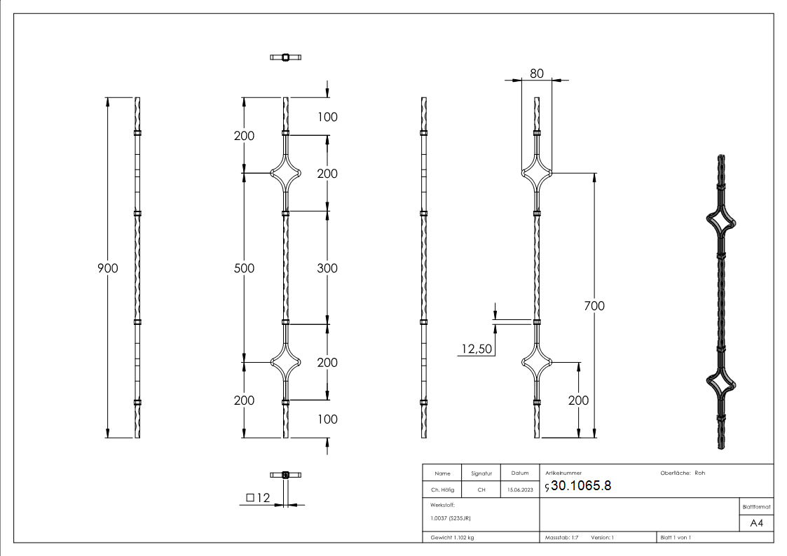 Zierstab - Laenge- 900 mm - Material- 12x12mm - gehaemmert - Stahl -Roh- S235JR-30-1065.8