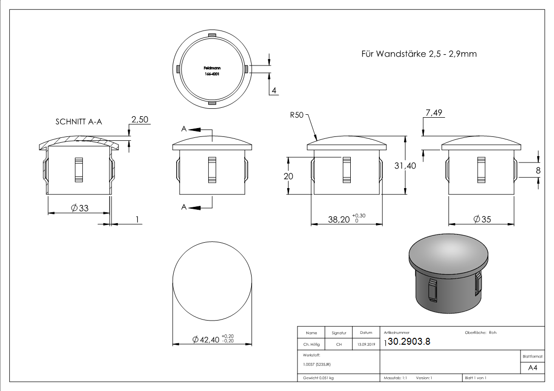 Stahlstopfen - leicht gewoelbt - fuer Ø 42-4x2-5-2-9 mm - Stah S235JR- roh-30-2903.8