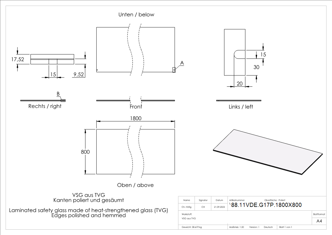 Eleganza canopy Glas- 1800x800mm VSG aus 2x8mm TVG mit 1-52mm PVB-88-11VDE-G17P.1800X800