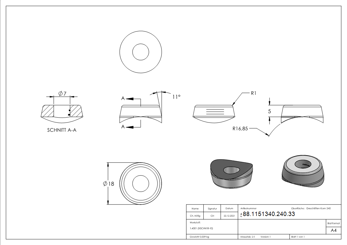 Ausgleichsstueck Edelstahl V2A Ø 33-7 mm- Ø 18 mm- Bohrung Ø 7 mm- geschliffen-88-1151340-240.33