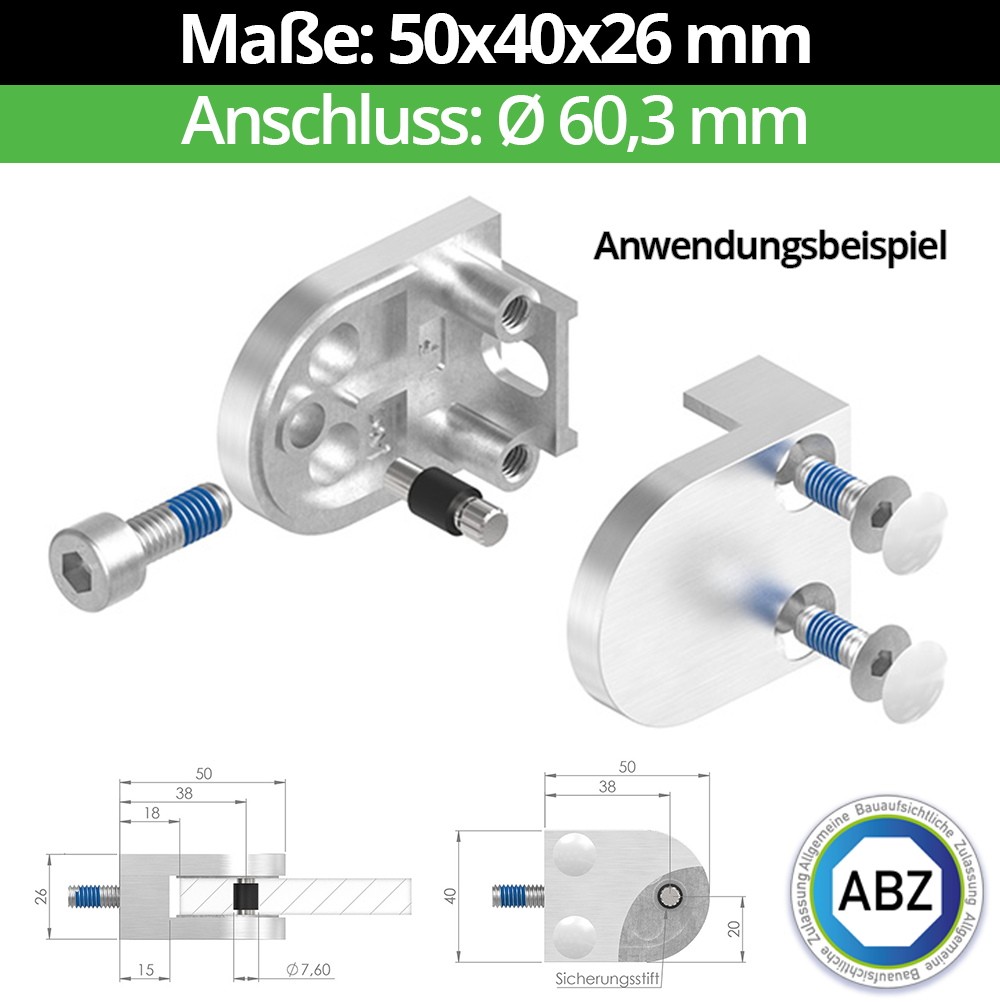 Glasklemme 50x40x26 mm AbZ fuer Anschluss Flach - Ø 33-7 mm - Ø 42-4 mm - Ø 48-3 mm - Ø 60-3 mm-10.MODELL30