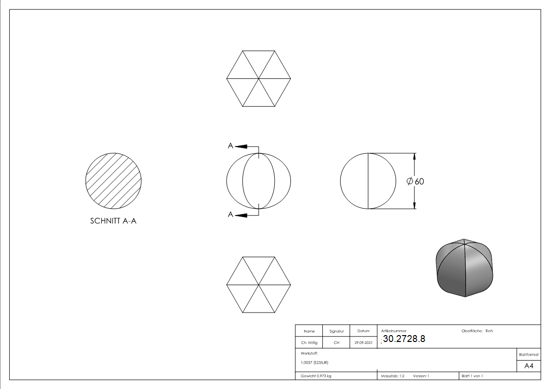 Massivkugel Ø 60 mm - abgehaemmert - Stahl S235JR- roh-30-2728.8