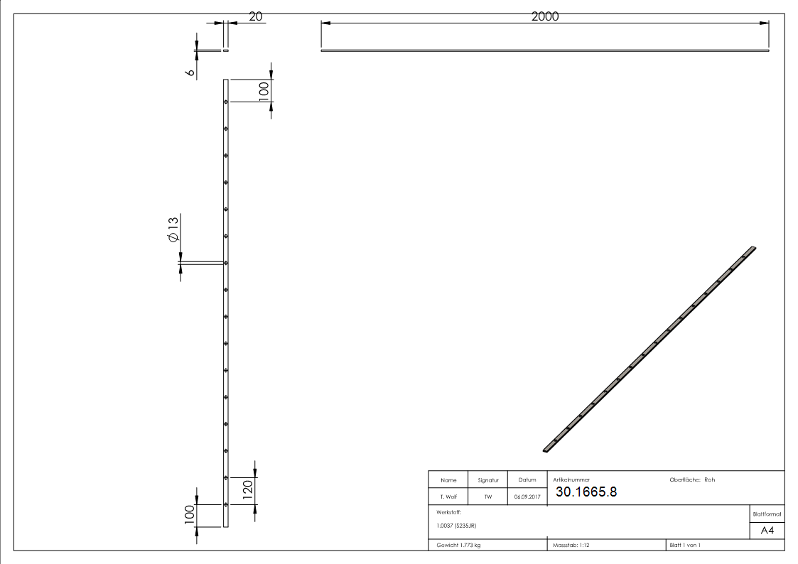 Flacheisen gelocht Laenge- 2000 mm 16 Lochungen Stahl -Roh- S235JR-30-1665.8