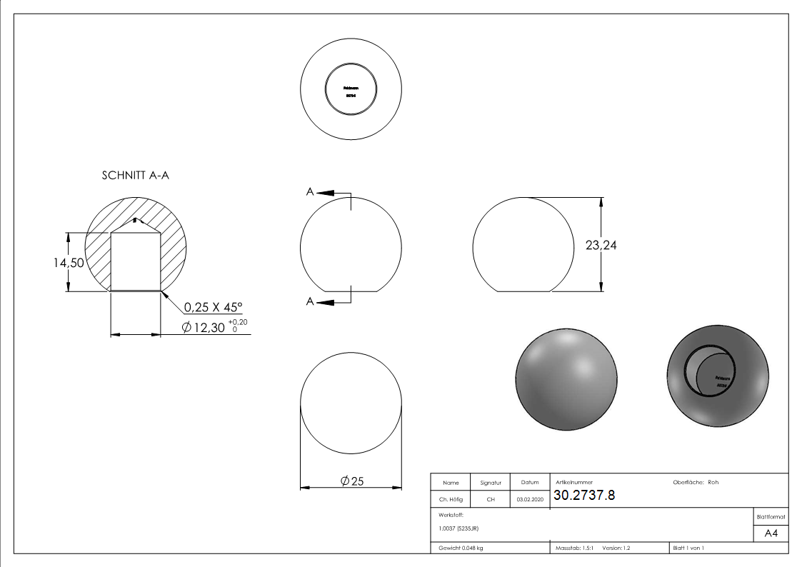 Massivkugel Stahl Ø 25 mm Bohrung Ø 12-3 mm glatt-30-2737.8