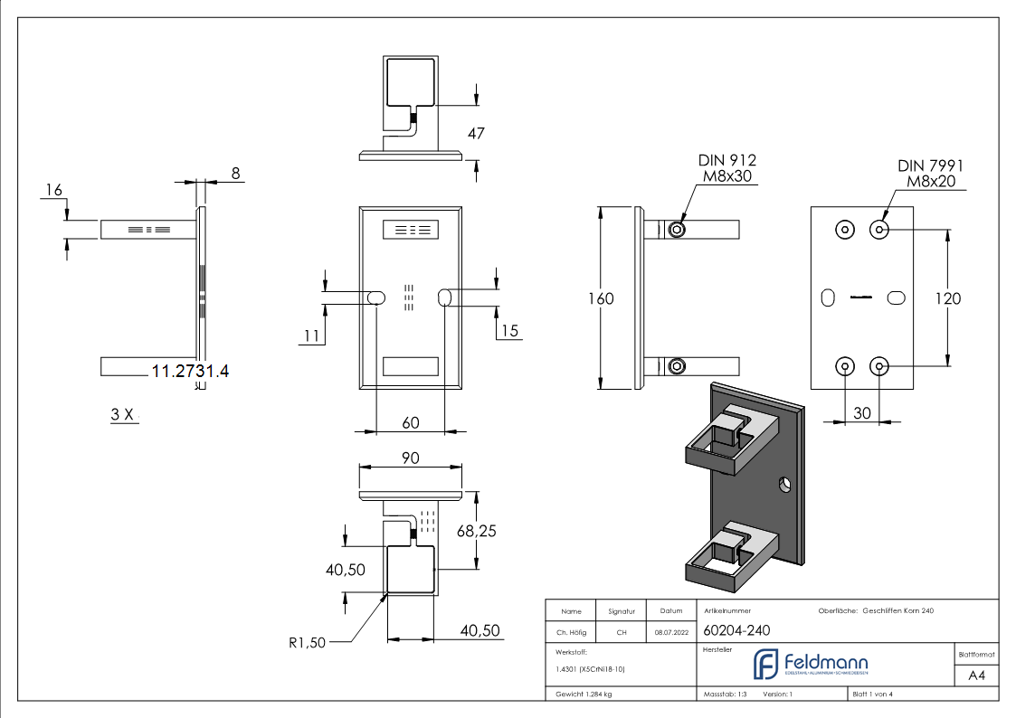 Wandbesfestigung  Masse- 160x90x8 mm fuer Quadratrohr 40x40 mm - V2A-11-2731.4
