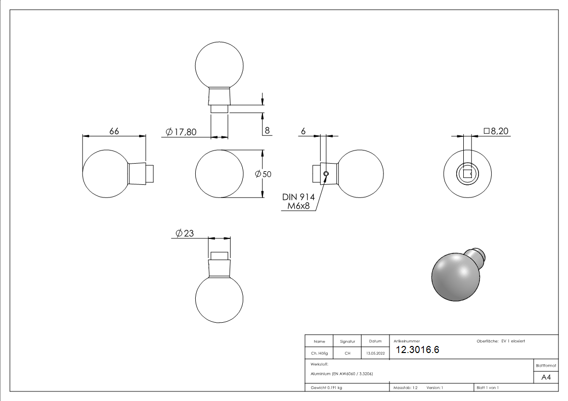 Alu-Tuerknopf gerade mit Kugel Ø 55 mm-12-3016.6