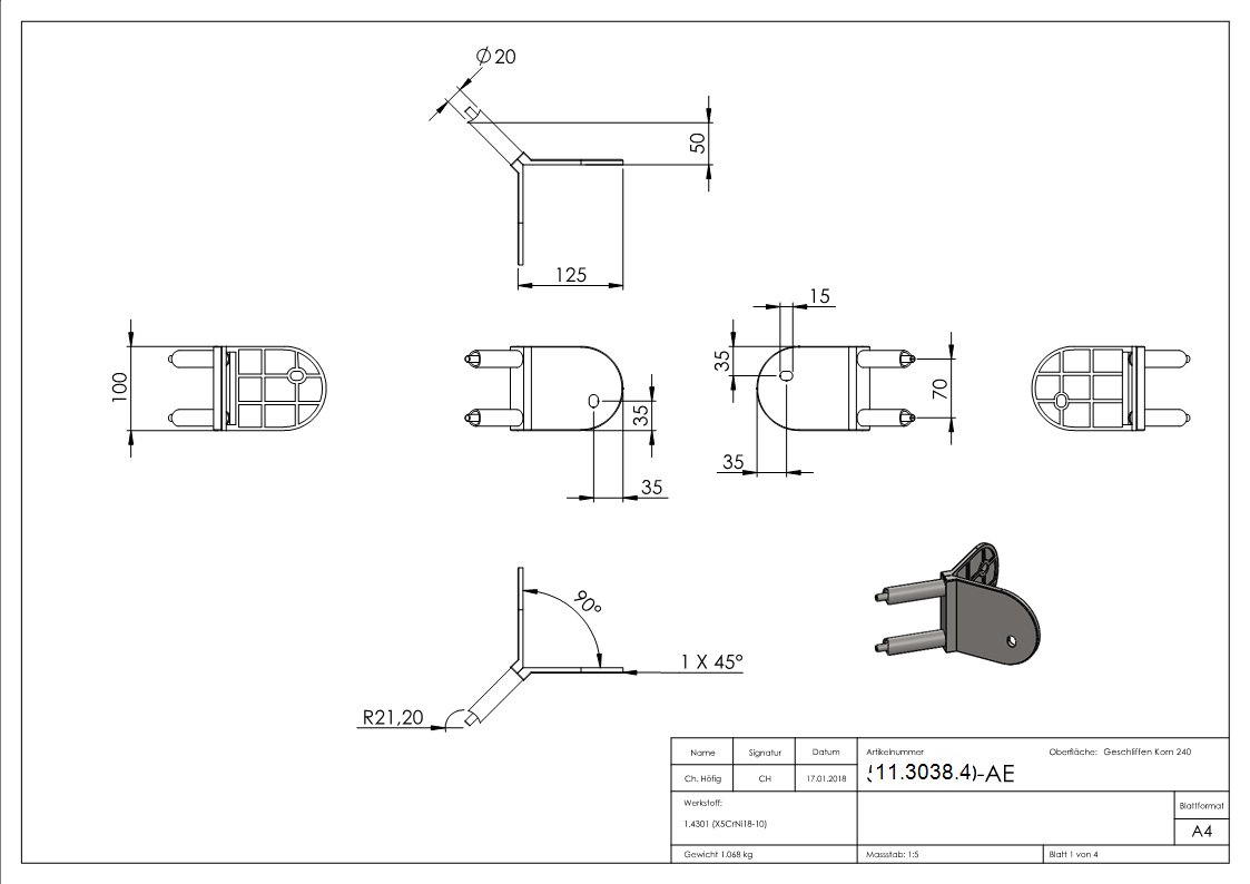 Wandanker 90° Aussendecke fuer Rohr Ø 42-4 mm - V2A-11-3038.4