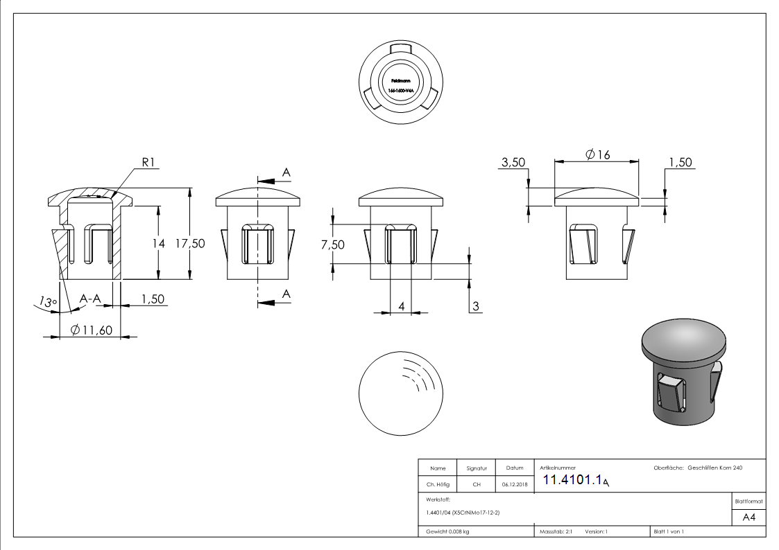 Rohrstopfen fuer Ø 16-0x1-0-2-0 mm leicht gewoelbt zum Einschlagen  V4A-11-4101.1