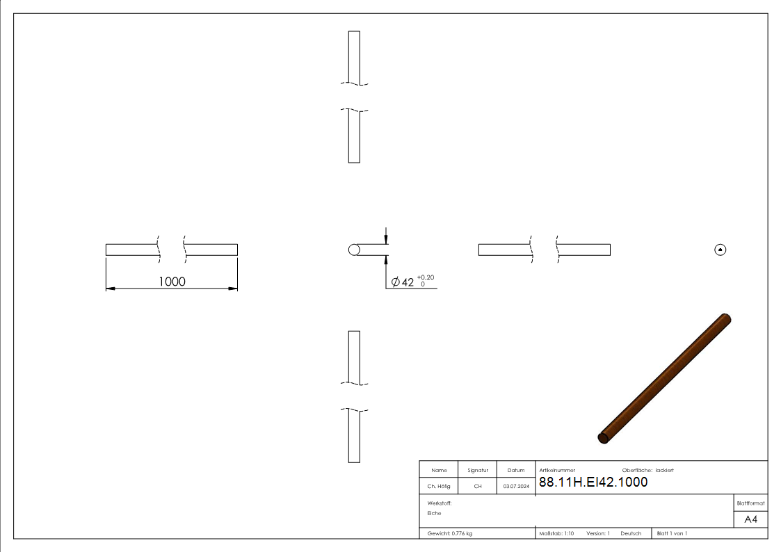 Holzhandlauf Eiche- Ø 42-4mm- L- 1m-88-11H-EI42.1000