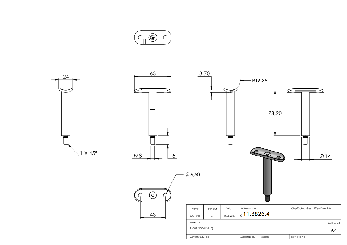 Edelstahl Traegerstift Ø 14 mm mit Halteplatte Anschluss- 33-7 mm - Aussengewinde M8 - V2A-11-3826.4