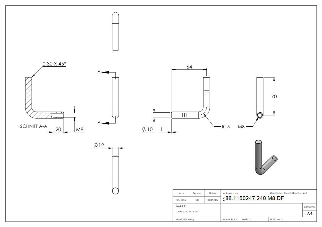 Buegel Edelstahl V2A Ø 12 mm- 90° gebogen- M8 Gewinde- zum Anschweissen-88-1150247-240-M8.DF