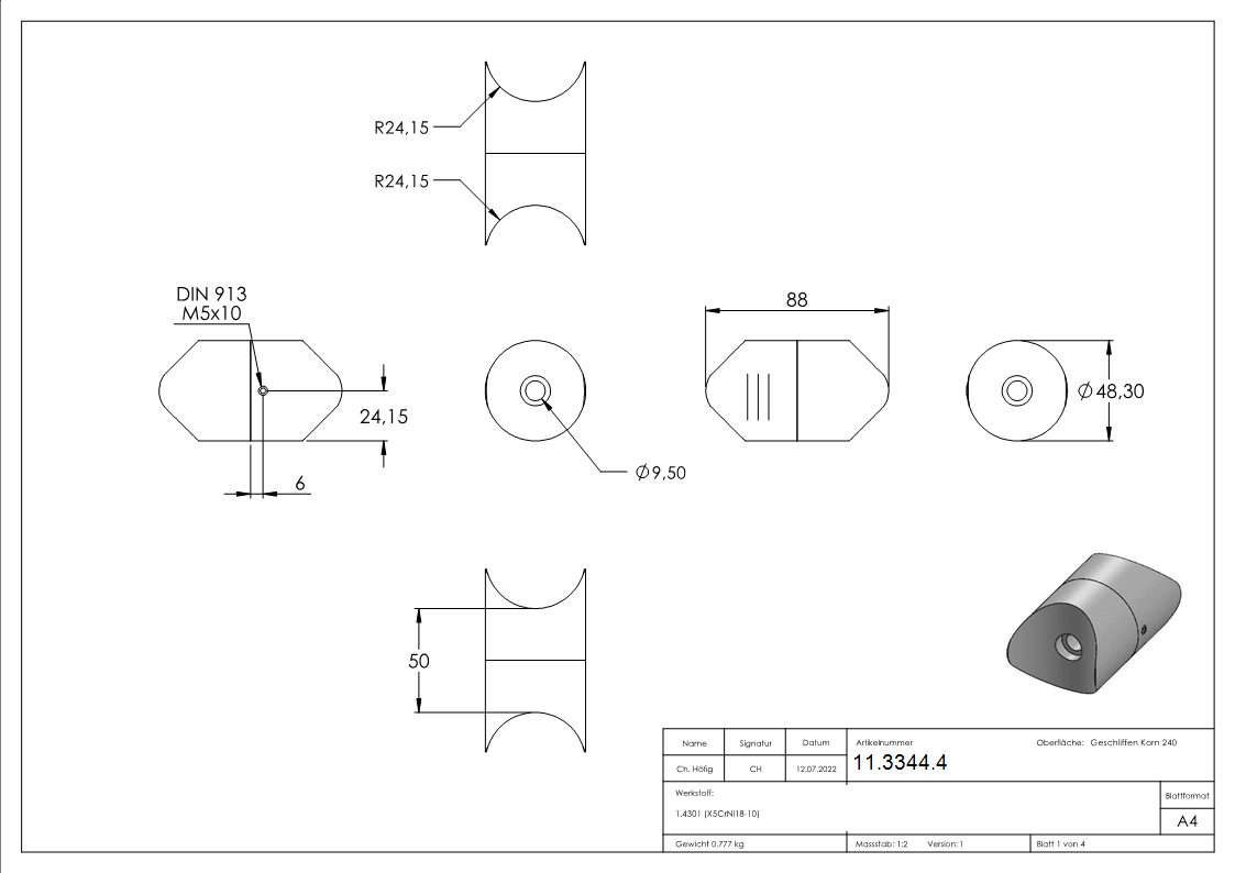 Rohrverbindungsstueck verstellbar fuer Rundrohr Ø 48-3 mm V2A-11-3344.4
