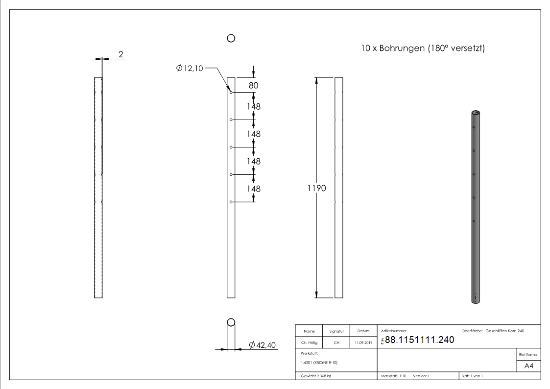 Edelstahlpfosten aus Rohr 42-4mm x 2-0mm- V2A-88-1151111.240