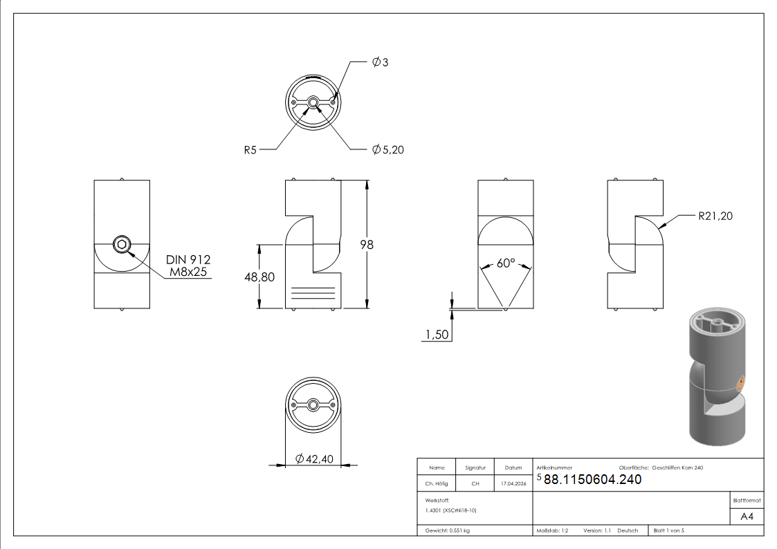 Verbinder flexibel fuer 42mm Holzhandlauf- V2A-88-1150604.240