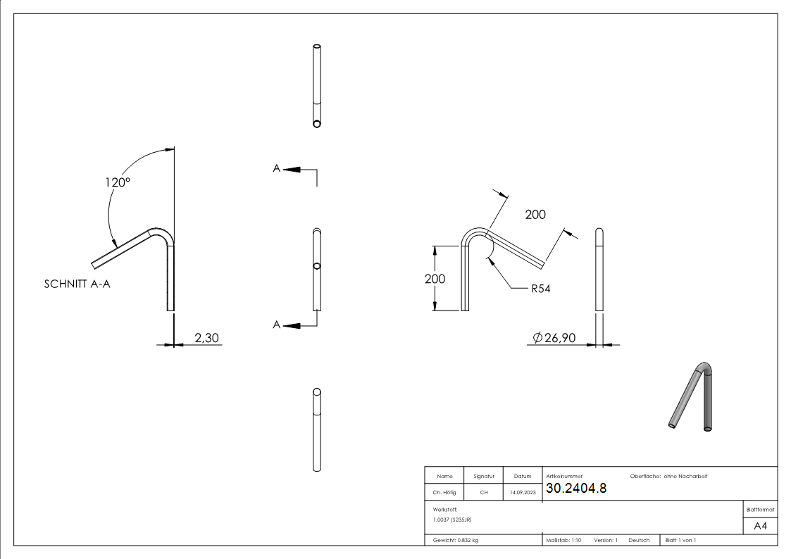Rohrbogen 120° Stahl roh - 26-9 x 2-0 mm -¾- - S235JR-30-2404.8