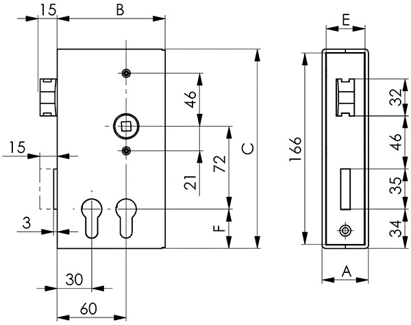 Schlosskasten - fuer 2 Profilzylinder - Masse- 30x94x172 mm - Stahl S235JR- roh - AMF Artikel- 11163-30-3250.8
