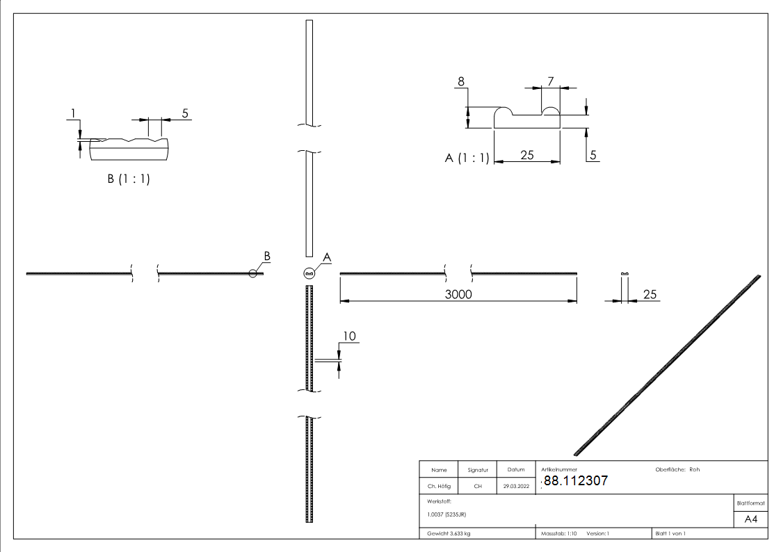 Hespeneisen Stahl 25 x 8 x 4 mm Laenge 3 m gerillt-88.112307