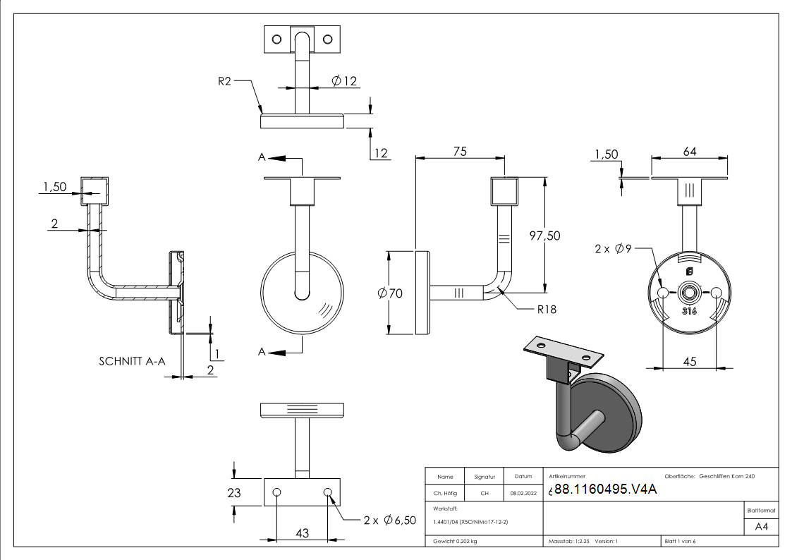 Robuster Wandhalter fuer LED Handlauf- Einfache Montage-88-1160495.V4A