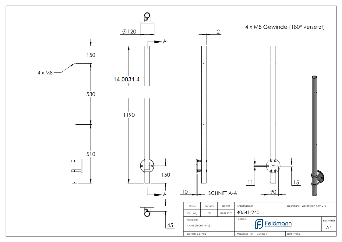 Gelaenderpfosten seitliche Montage fuer 4 Glasklemmen M8 180° versetzt V2A-14-0031.4
